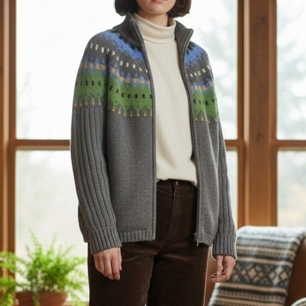 Covington Fair Isle Full Zip Sweater S Gray Nordic Winter Mock Neck 100% Cotton